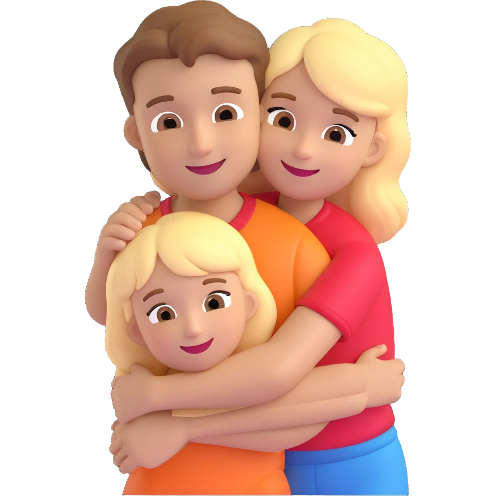 happy brown-haired girl hugging smiling blonde boy, emoji style emoji