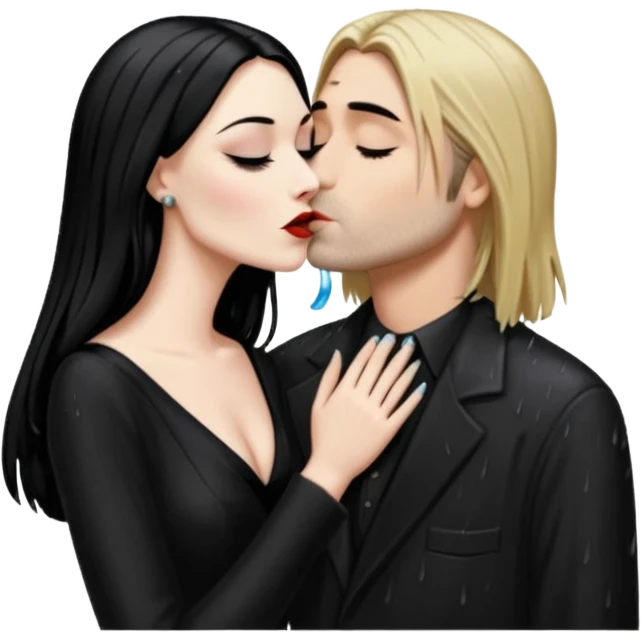 Realistic morticia addams kissing sweetly Kurt Cobain in the rain. emoji