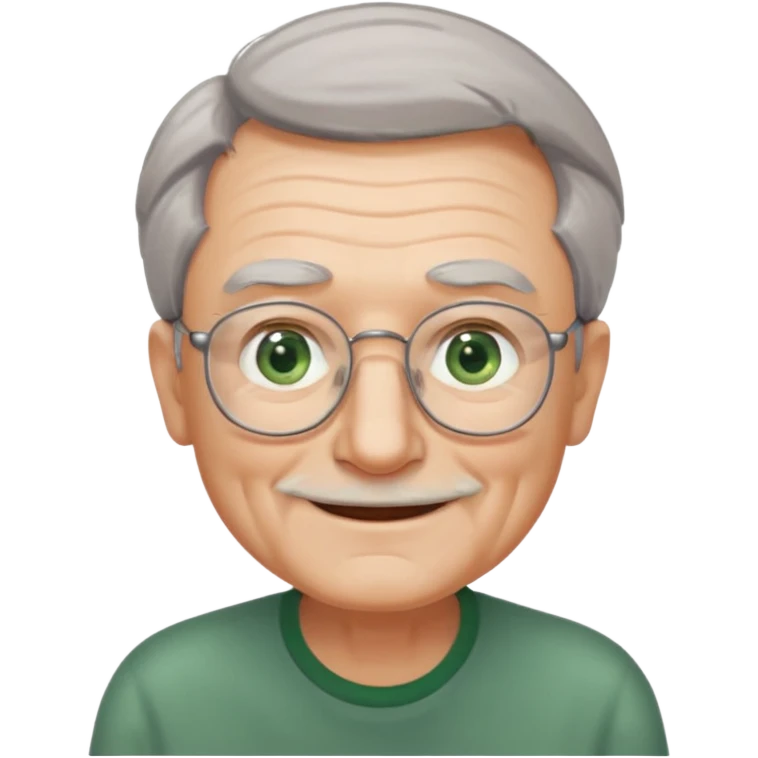 Old man with receding hair, grey hair only on the sides, green eyes, rectangular reading glasses, rounded clear face, with a smile emoji