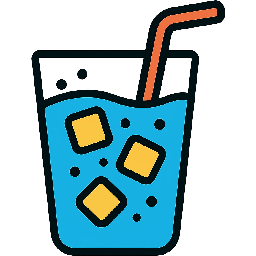 blue beverage in a glass, refreshing and sparkling, with ice cubes and a straw, modern icon style emoji