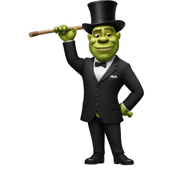 shrek with a 20th centry bowler, a cane, a luxury black suit and pants and waving emoji