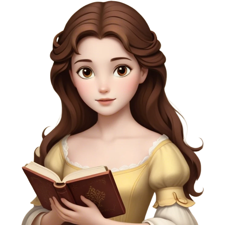 Cinematic Realistic Belle Portrait, depicted with lifelike skin texture, soft natural lighting, and intricately detailed brown hair styled elegantly. Her deep, expressive eyes exude warmth and intelligence, complemented by a serene and graceful expression. She gently holds a book in one hand, her other hand resting at her side, radiating an aura of beauty and intellect. She is dressed in her classic yellow ball gown, the fabric rich in texture with delicate folds that catch the light beautifully. The portrait features a soft, enchanting glow with a natural, radiant finish, capturing the essence of timeless beauty in a realistic and painterly style, evoking a sense of depth and authenticity. emoji