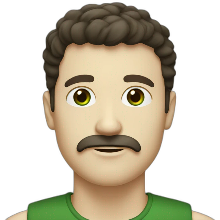 white man with moustache, dark brown hair fringe, forest green coloured eyes emoji