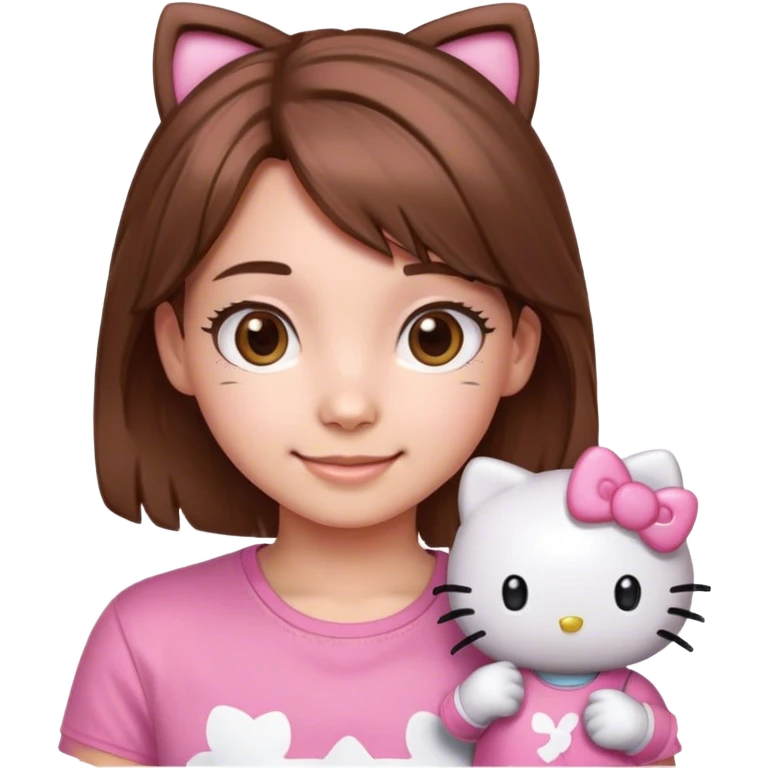 Happy Young gamer Girl with pink hello kitty shirt brown hair and brown eyes emoji