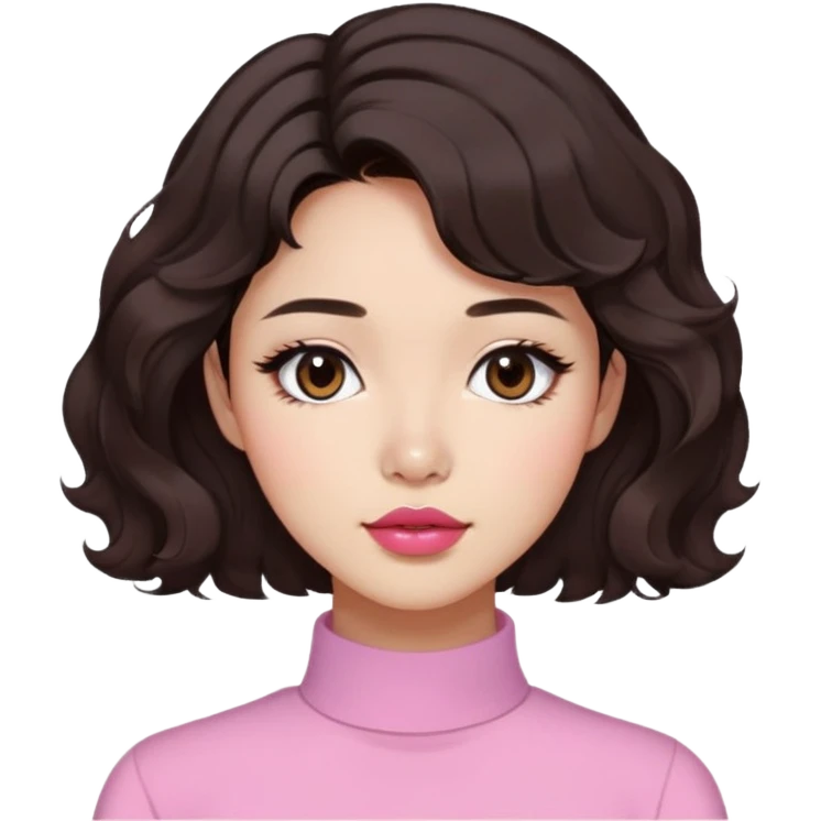 woman with dark brown wavy hair, short to mid-neck length, Korean-inspired cut, medium brown Latina skin, round nose, slightly dark pink lips, aesthetic Pinterest vibe emoji