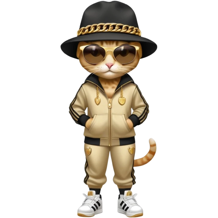 female cat dressed like Run DMC with tracksuit, fedora, Adidas shoes, dark sunglasses, lots of gold chains, upright emoji
