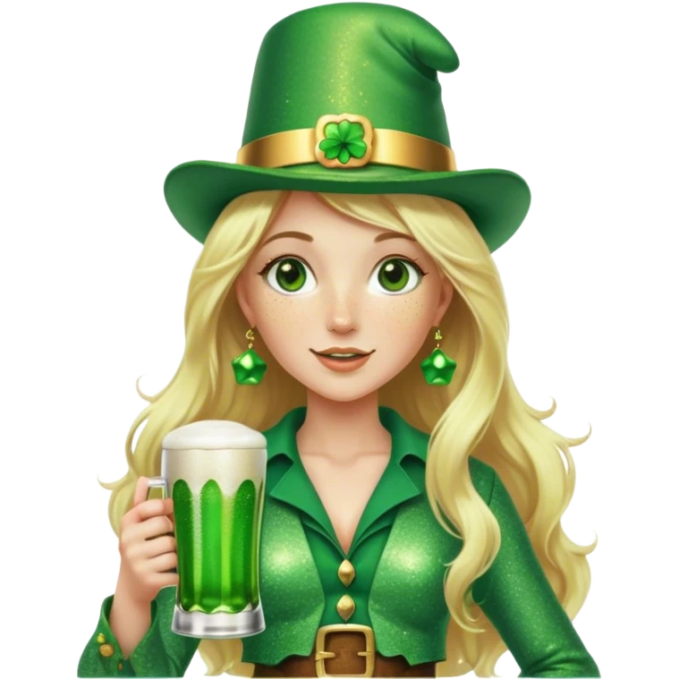 Blonde haired pretty woman with freckles glittery green bell bottoms and tall leprechaun hat holding a green beer emoji