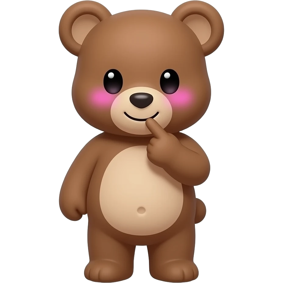 A brown teddy bear half body till stomach looking sideways as a male bear, he shy and looking down. He is also touching his index finger with each and pink glow under eyes just like an anime character. He is also slightly smiling. emoji