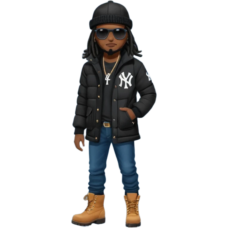 African American man brown skin complexion with black dreadlocks shoulder length wearing black bubble winter coat wearing black sunglasses wearing a New York Yankees fitted baseball hat and a black winter bubble coat with denim skinny jeans and timberland boots standing up emoji