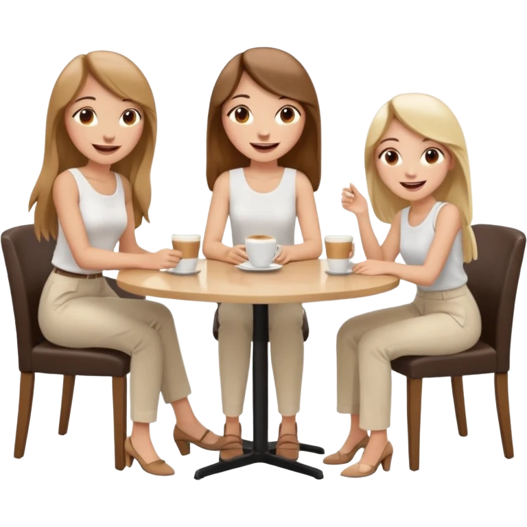 "Cartoon emoji of a girl with long, straight light brown hair, fair skin, brown eyes. Wearing a stylish white top and chic pants. Sitting at a café table, laughing and smiling, full of joy. Next to her, two friends: one blonde, one with black hair, one with brown hair. Smooth, simple, stylized emoji