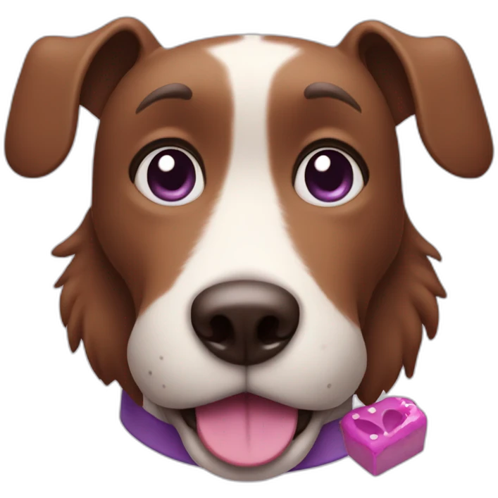 a purple dog with a brown nose and a pink collar with a bone eat cake emoji