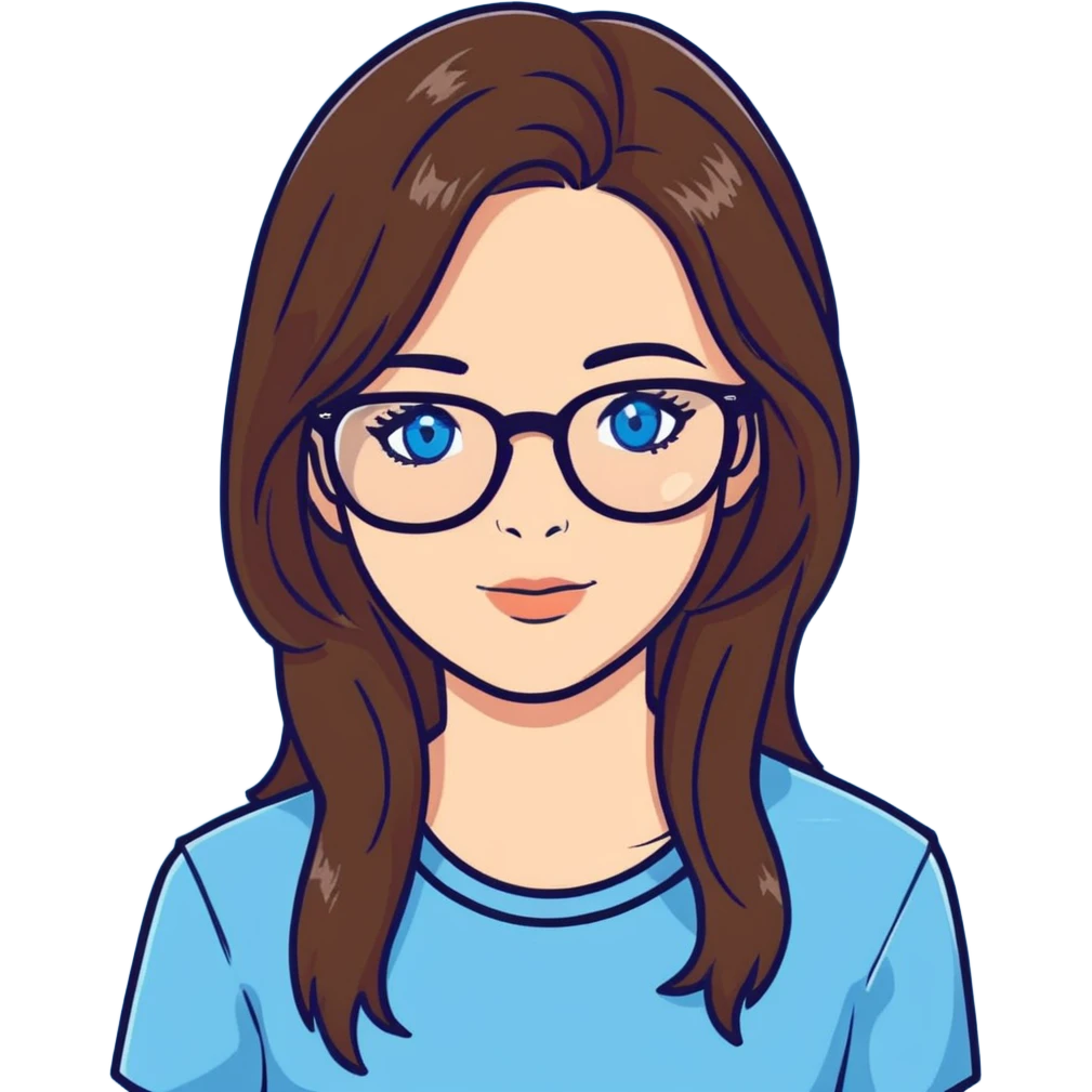 cute woman with glasses, long brown hair, blue eyes emoji