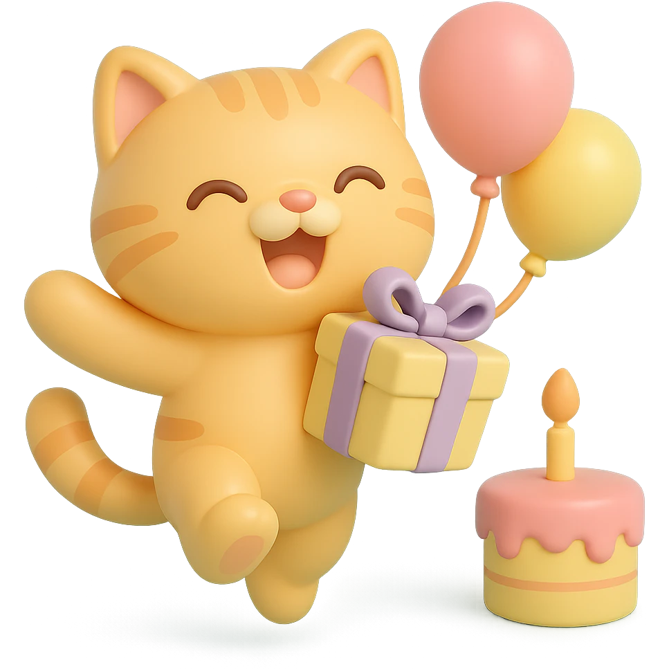 ginger tabby kitten jumping with joy, holding a birthday gift, birthday cake and balloons in background emoji