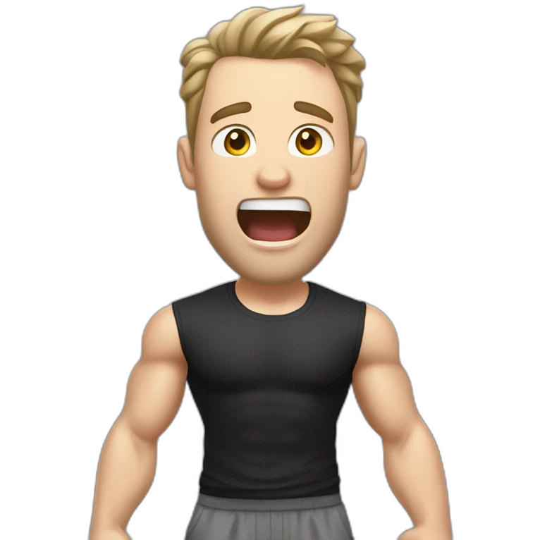 amazed Open with surprise mouth Pale skinned Fit Man With the biceps and dark brown hair in black shirt, gray sports shorts and white Sneakers emoji