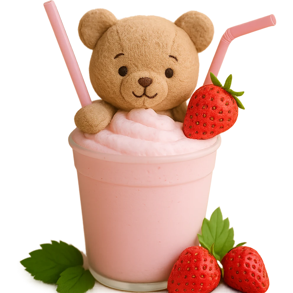 Remove the cherry blossom flowers, keep the strawberry milkshake cup with a straw, cute bear peeking out, two strawberries with green leaves, pastel colors, soft shadows, clean and minimalistic 3D iOS style, with no background. emoji