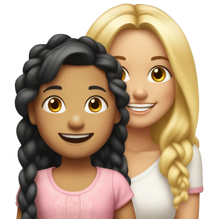 An emoji of a blonde mother with very long hair and a cheerful expression, standing next to her 3-year-old daughter, a small girl with black hair styled in two braids, both smiling happily together emoji