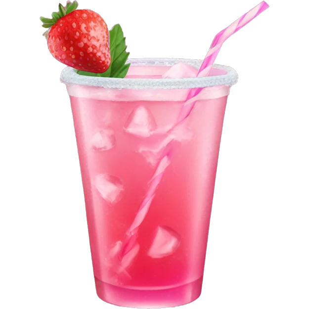 Pink drink with ice, straw, and strawberry on rim emoji
