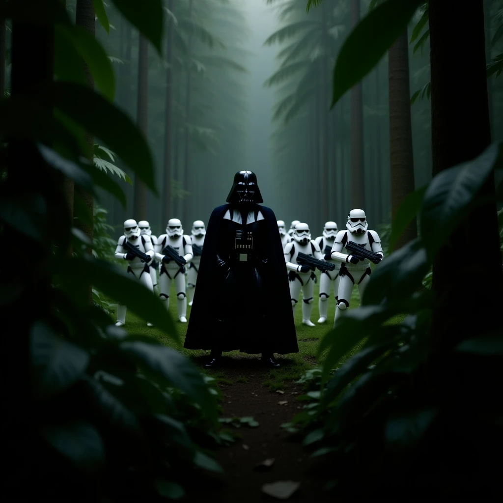 cinematic still, Closeup shot, amazon jungle,  blurred plants in the foreground (frame within a frame), Darth Vader around stormtroopers coming out from starship on ground, they are exploring the jungle, inspired by StarWars movie, captured by arri alexa emoji