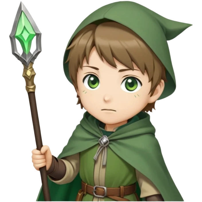 Rudeus Greyrat from Mushoku Tensei, green eyes, short light brown hair, wearing adventurer's outfit with a green cloak, holding a staff, confident and curious expression emoji