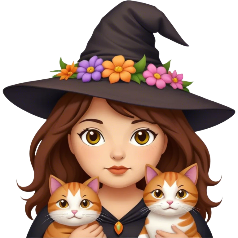 fat but cute witch with bold cat brown hair, also put flowers on her hat emoji