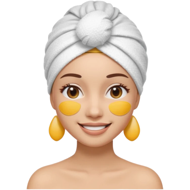 3D emoji style woman with towel head wrap, under-eye patches, smiling softly, clean girl skincare aesthetic, soft studio lighting, smooth skin texture, minimalist beige background, high resolution, PNG emoji