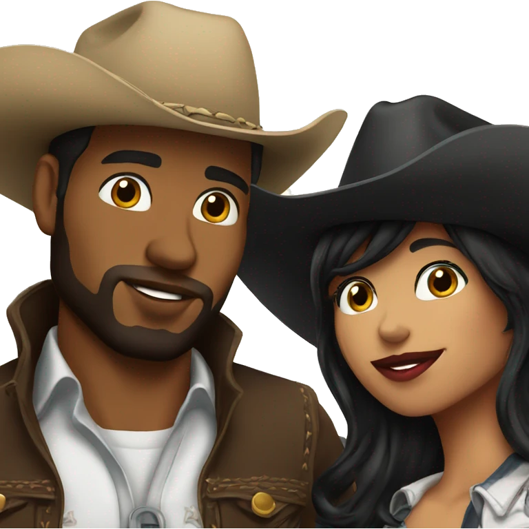 Black haired cowboy and black haired cowgirl kissing emoji