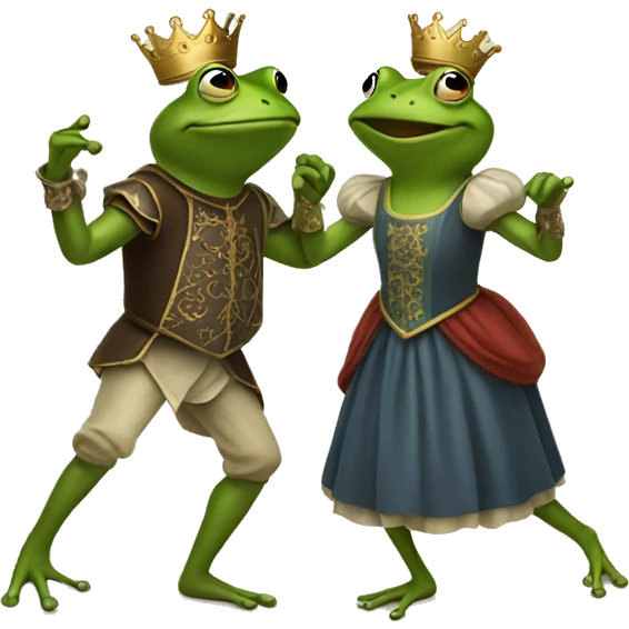 Two frogs in medieval dresses holding hands and dancing emoji