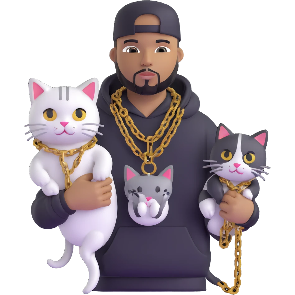 rapper with chains holding a black and white cat emoji