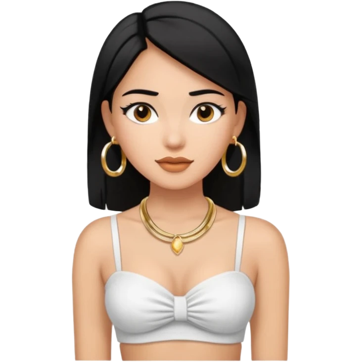latina makeup olsun, saçları düz, halka küpeler büyük gümüş renginde olsun, kolye taksın ve beyaz bir Bandeau top kıyafet giyisin emoji
