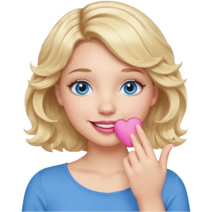Girl Blonde short wavy hair,  blue eyes, cute blue top, long lashes, pink lips, smiling, hand covering the mouth emoji