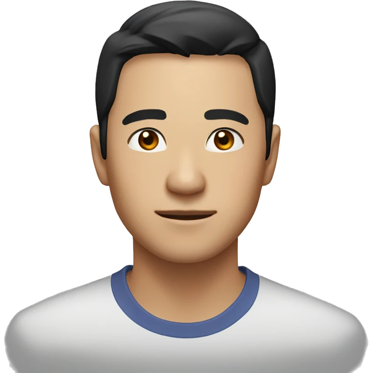 A head and shoulders shot of a 33 year old Asian man, with short black hair,   with brown eyes wearing a t-shirt. emoji