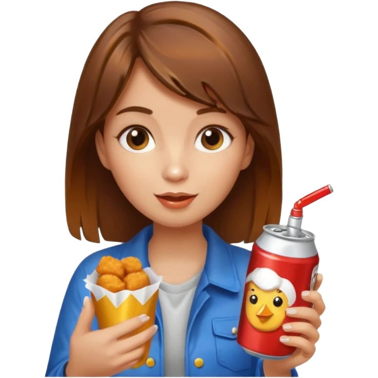 brown hair girl eating chicken nugget and holding a soda can emoji