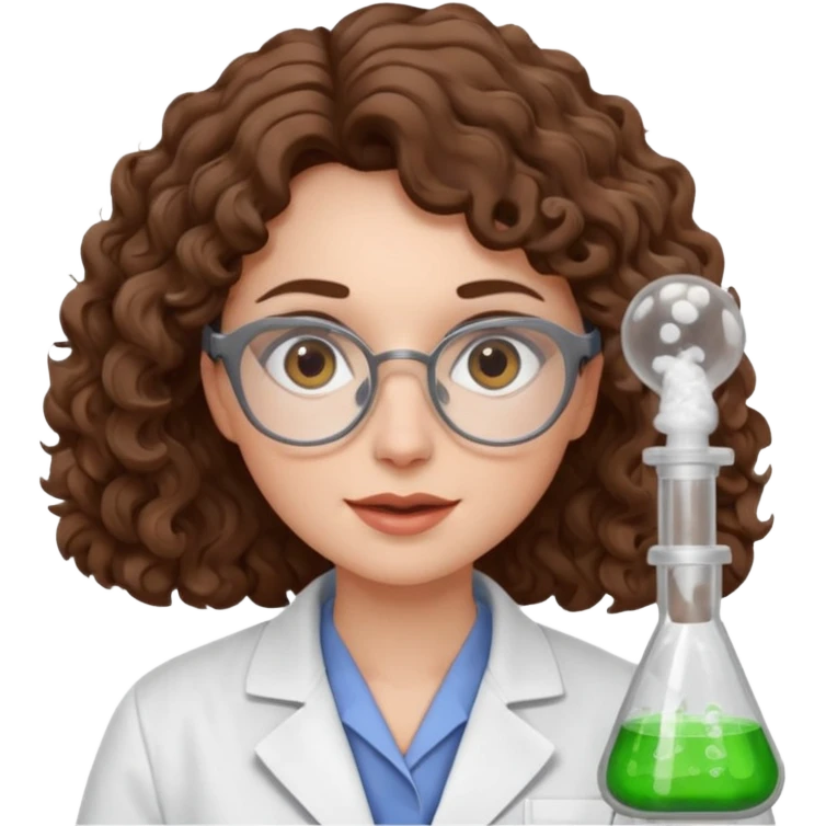 A crazy female scientist, with curly-wavy brown hair, brown eyes and grey glasses and oale skin  emoji