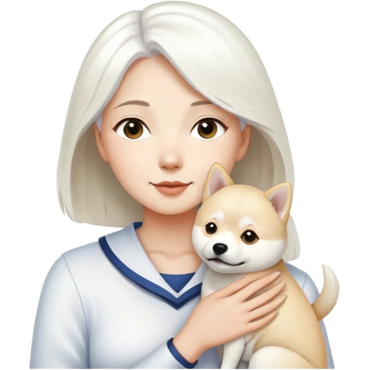 A white-haired woman holding a white Labrador and a white Shiba Inu emoji
