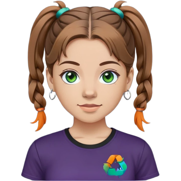This is a 2D digital anime-style portrait of a young women skin tone light. The person has brown hair in a pigtail and green eyes. They wear a T-shirtin [colour: dark grey or black], with the BST logo in vibrant colours (orange, teal, purple, blue) placed on the left chest area. The background is solid black for consistency and emphasis. The person is facing forward with a neutral or slight smile (without showing teeth). Lighting is soft and flat, clean anime lines with smooth shading. Consistent with a professional, cohesive team style. emoji