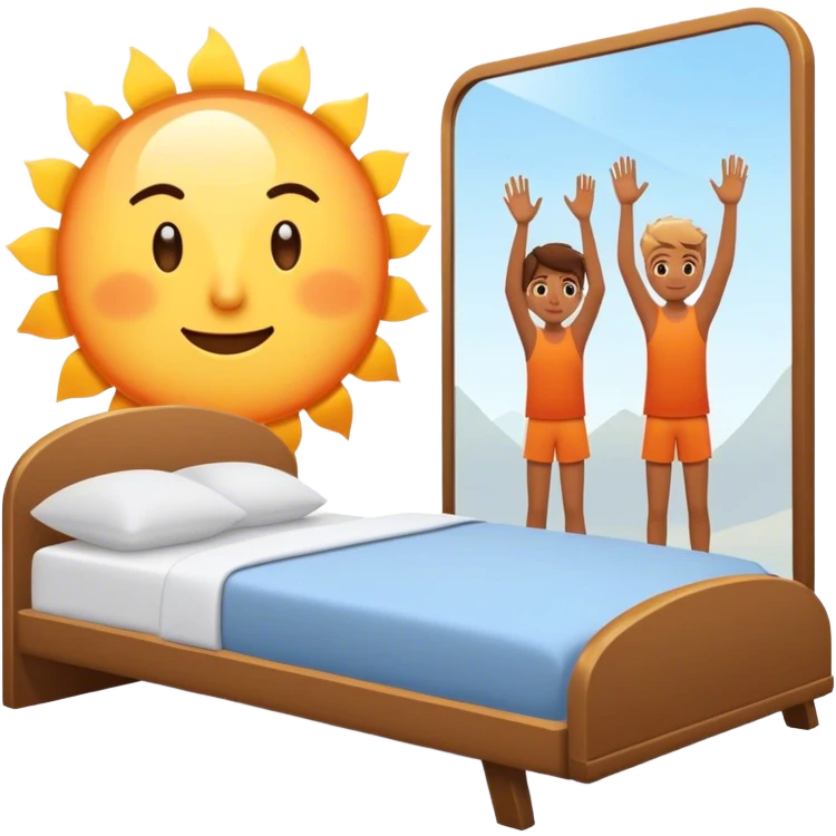 A person stands beside their bed, rolling out groggily with determination. The bed behind them is neatly made, a mirror in front of them shows them high-fiving their reflection. A glowing sunrise outside signals the start of a productive day. emoji