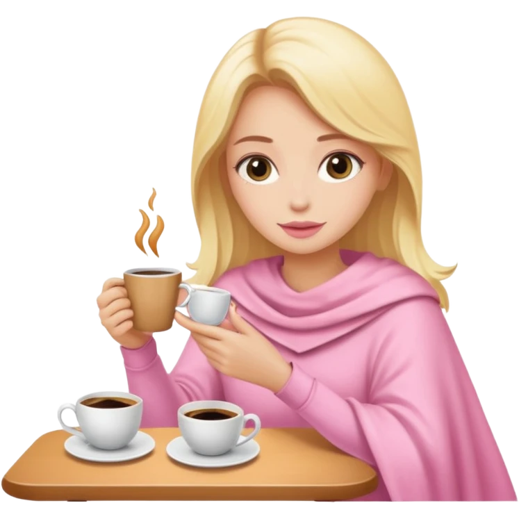 Una chica rubia envuelta en una manta con un café de color rosa pastel  emoji