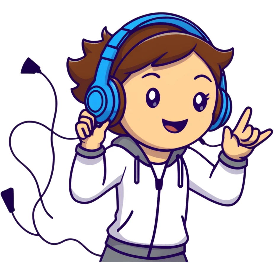brown-haired gamer girl, excited expression, headphones, head only, emote emoji
