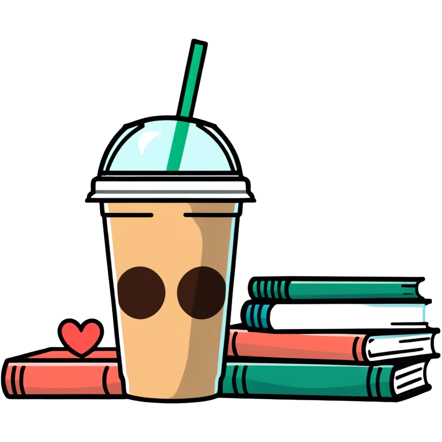 Starbucks iced coffee, pile of books,hearts emoji