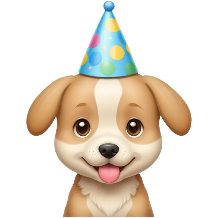 Cute puppy with a silly expression wearing a tiny party hat emoji