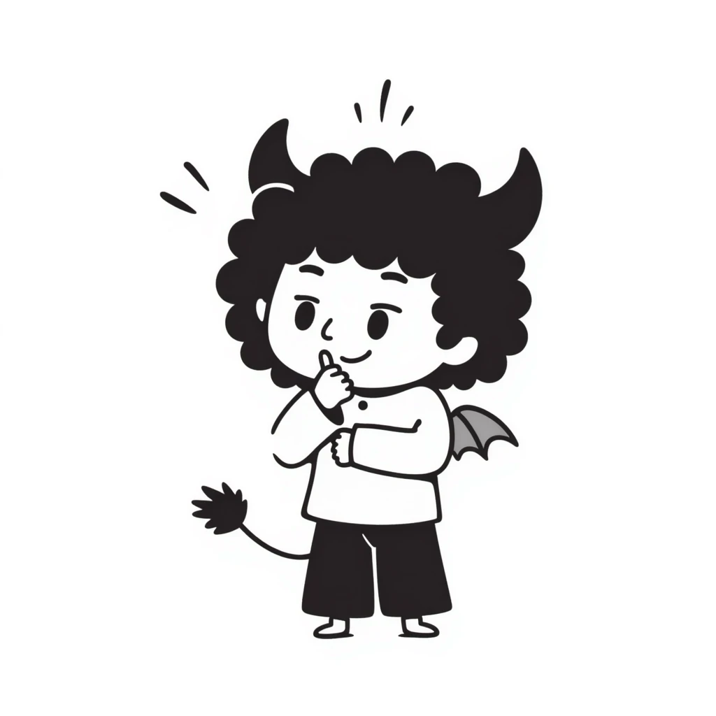 sketched chibi demon with oversized head, tiny fangs, and cute little wings in a playful pose emoji