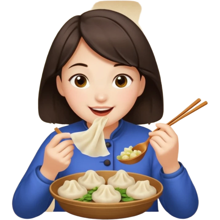 A dark brown-haired girl happily eating dumplings. emoji