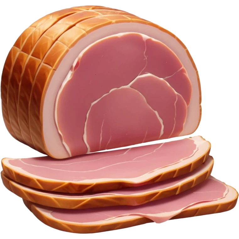 sliced turkey ham, thin curved slices, pale pink, smooth uniform, clean edges, moist, lean, delicately folded, soft translucent, no fat marbling, no bread, cheese, packaging, or faces, clean 3D, soft lighting, transparent background, emoji scale emoji