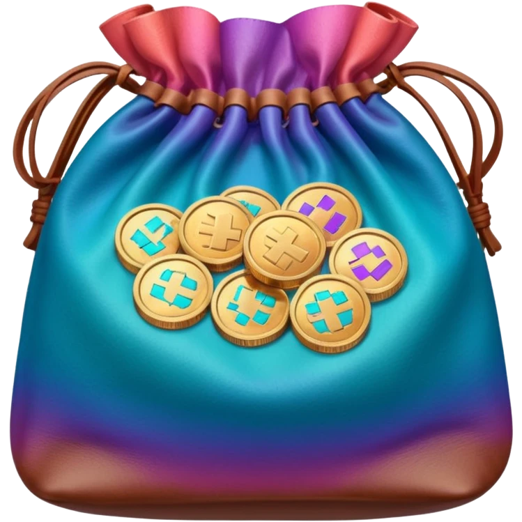 coins  inside a brown leather bag Coins color -in gradient of turquoise, blue, pink, purple, and coral emoji