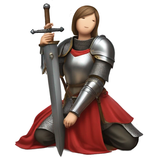 Joan of arc in medieval armor kneels, looking upward, with hands resting on a large sword. They're dressed in a red garment under the armor. emoji