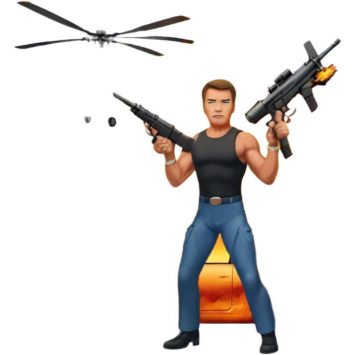Icon for Action Movies: Arnold Schwarzenegger in the lead role, in an intense action pose with weapons, explosions, a car and helicopter flying out of flames in the background. The design should capture the explosive energy and heroism of classic action films. Transparent background. emoji