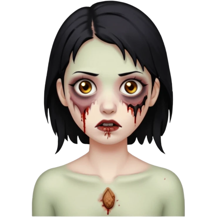 Make an emoji of a zombie woman with black hair, almond-shaped brown eyes and a labret piercing on her left lip. emoji
