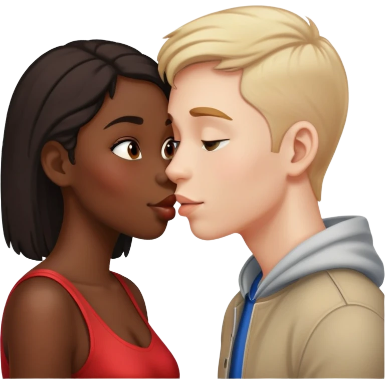 black girl and white boy sharing a friendly kiss on the cheek emoji