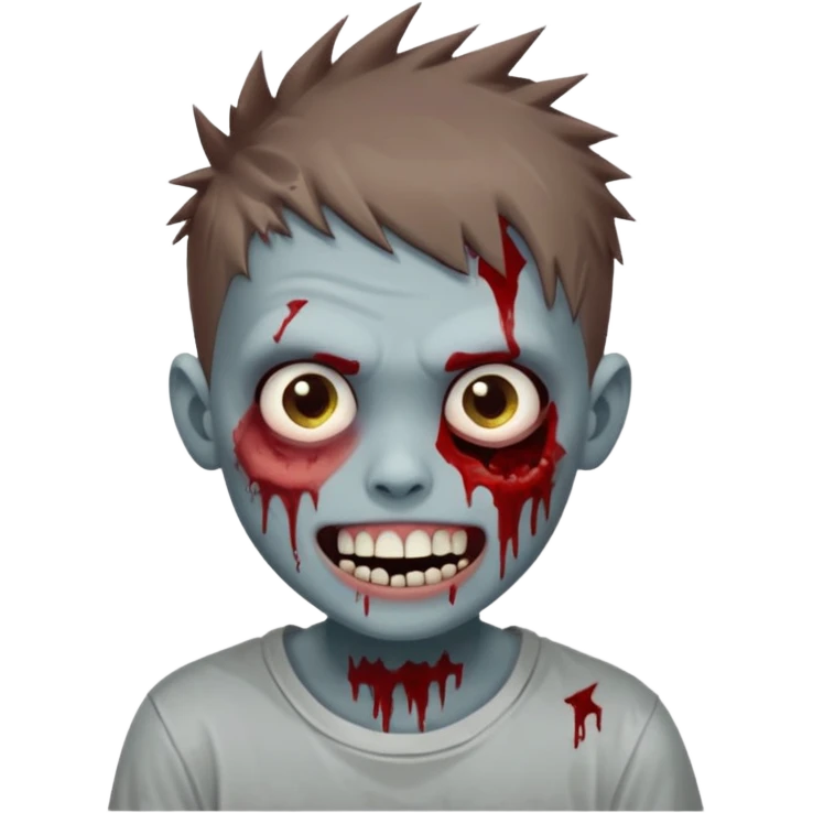 zombie boy with brown short spiky hair, white skin, and white eyes; an open smile, and bloodied teeth; emoji