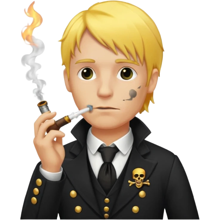 A man with yellow hair, in a black business suit, smoking a pirate pipe emoji